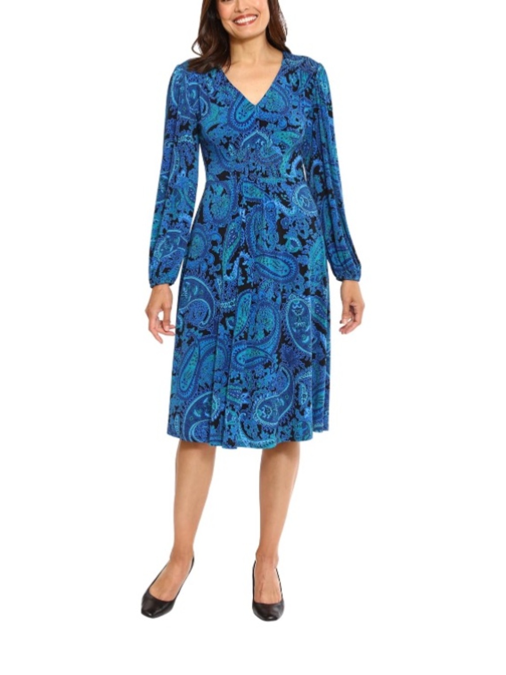 London Times Blue Paisley V-Neck Long Sleeve Midi Dress